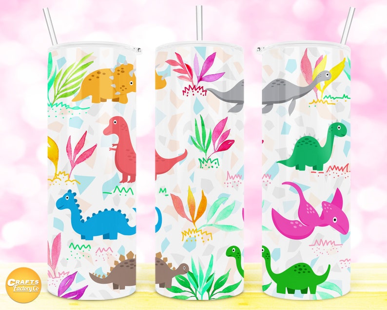 May include: Three stainless steel tumblers with a white background and a colorful dinosaur pattern. The tumblers feature various dinosaurs, including a triceratops, stegosaurus, and brachiosaurus. The dinosaurs are surrounded by colorful foliage and geometric shapes.