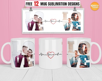 Liefde Fotolijst Sublimatie 11oz, 12oz, 15oz Aangepaste fotomok PNG-bestanden ontwerpen Valentijnsdagcadeau Gebruiksvriendelijk Voor Cricut-mokkenpers.