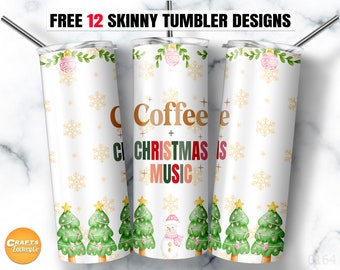 Coffee And Christmas Music 20 oz Skinny Tumbler Sublimation Designs Christmas Seamless Tumbler Straight & Tapered PNG File.
