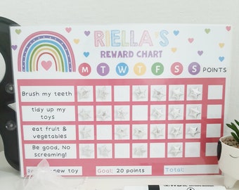 Personalised re-usable Reward Chart with velcro stars, wipeable pen for kids & toddlers behaviour chart