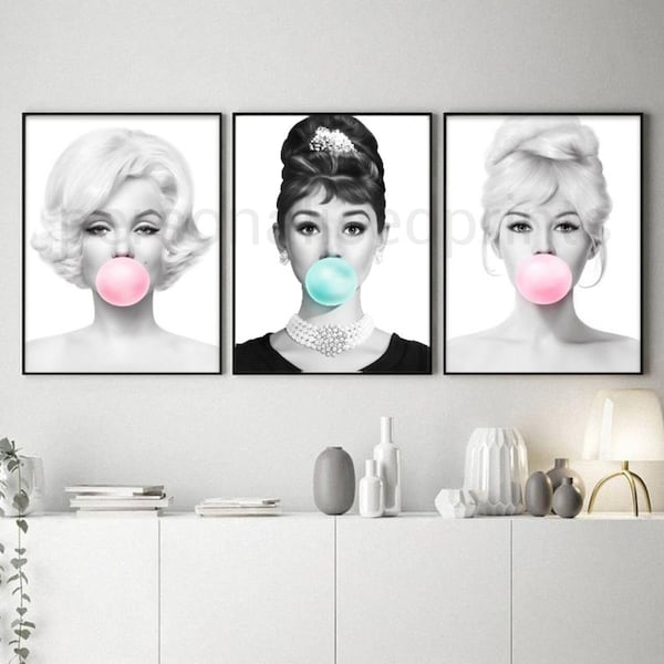 Audrey Hepburn Marilyn Monroe Brigitte Bardot Bubblegum Prints Set mit 3 Drucken im Format A3 oder A4