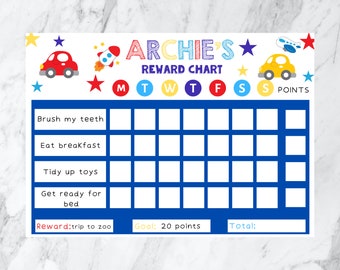 Personalised re-usable Reward Chart with velcro stars, wipeable pen for kids & toddlers behaviour chart
