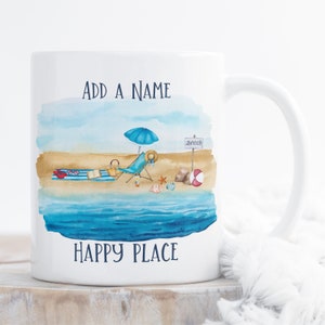 Personalised beach mug add a name happy place beach scene mug  a gift for beach lovers, matching coaster