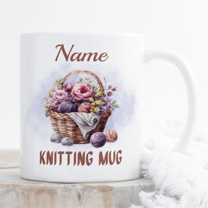 Personalised knitting mug, basket of wool design, 10 to choose from, any name added, ideal crafters gift crochet lovers