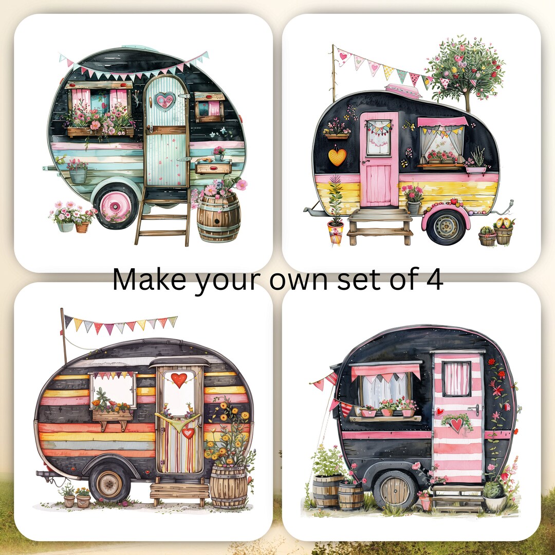Set of 4 Caravan Coasters Black Vintage Design Mix and Match Ideal Gift ...