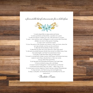 Może przedstawiać: Oprawiony wydruk z tekstem "a formidable list of attainments for a child of six". Wydruk przedstawia kwiatowy wzór w kolorze niebieskim i złotym. Tekst to lista celów edukacyjnych, z podpisem autora na dole.