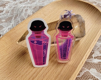 Hercules Mortal Potion Bottle Quicksand Keychain and Sticker Set | Mortal Potion Head Skull Purple Sand Shaker Keychain and Sticker Combo