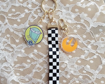 Checkerboard Lanyard with Rebels Starbird and Morai Owl Detachable Acrylic Charms and Gold Accessories | Space Wars Wristlet Keychain