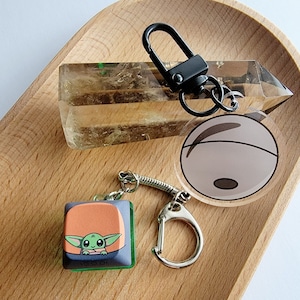 May include: A green and orange keychain featuring a cartoon character with large eyes and a small mouth. The keychain has a silver metal ring and a black metal clasp. The keychain is attached to a clear round charm with a brown cartoon character on it.