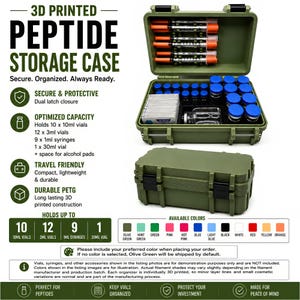 Op de afbeelding: Een olijfgroene 3D-geprinte peptide opbergkoffer met een dubbele sluiting. De open koffer toont interne compartimenten met spuiten en flesjes met blauwe doppen. De tekst luidt 3D PRINTED PEPTIDE STORAGE CASE, SECURE & PROTECTIVE en meer.