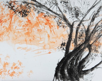 May include: Watercolor painting of a tree with a thick, dark trunk and branches. The leaves are sparse, with orange and black accents. The background features a soft orange wash, creating a contrast with the tree's dark form.