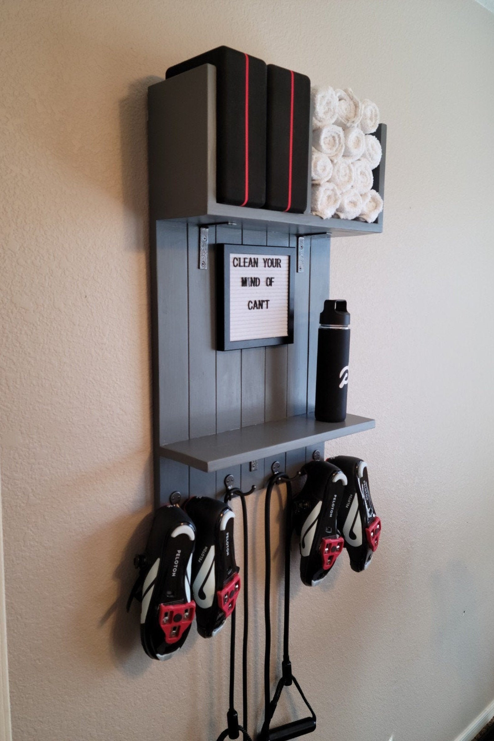 Peloton Inspired Exercise Shoe Shelf Home Gym Storage Wall Unit Cycling