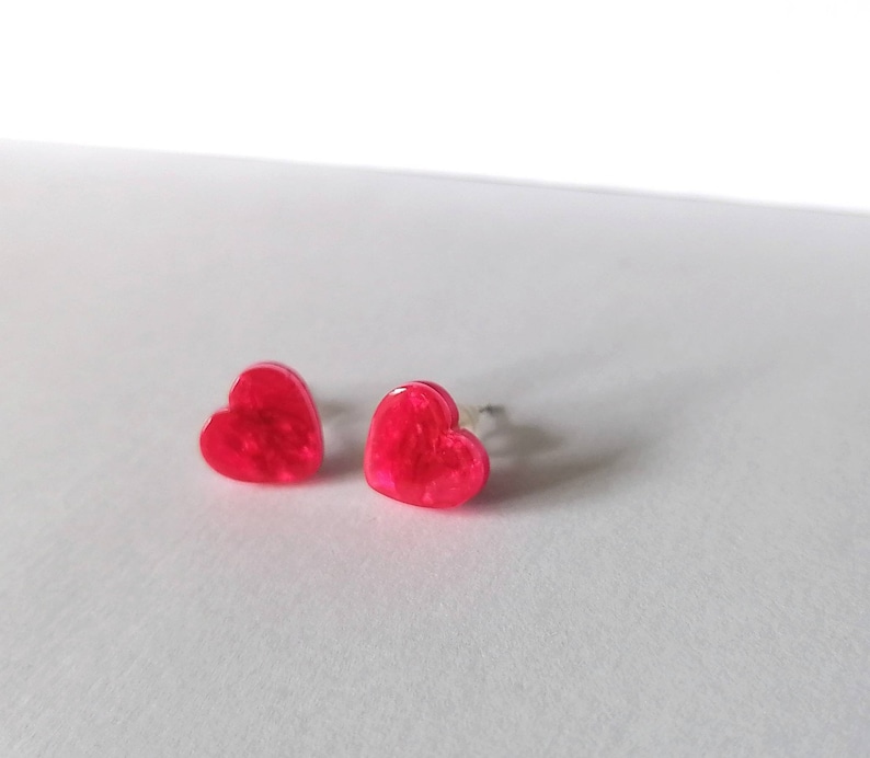 Hot Pink Heart Studs, Pink Heart Earrings, Delicate Earrings, Stud Earrings, Pink Earrings, Jewelry, Gift For Wife, Mum, Bridesmaid Gift image 5