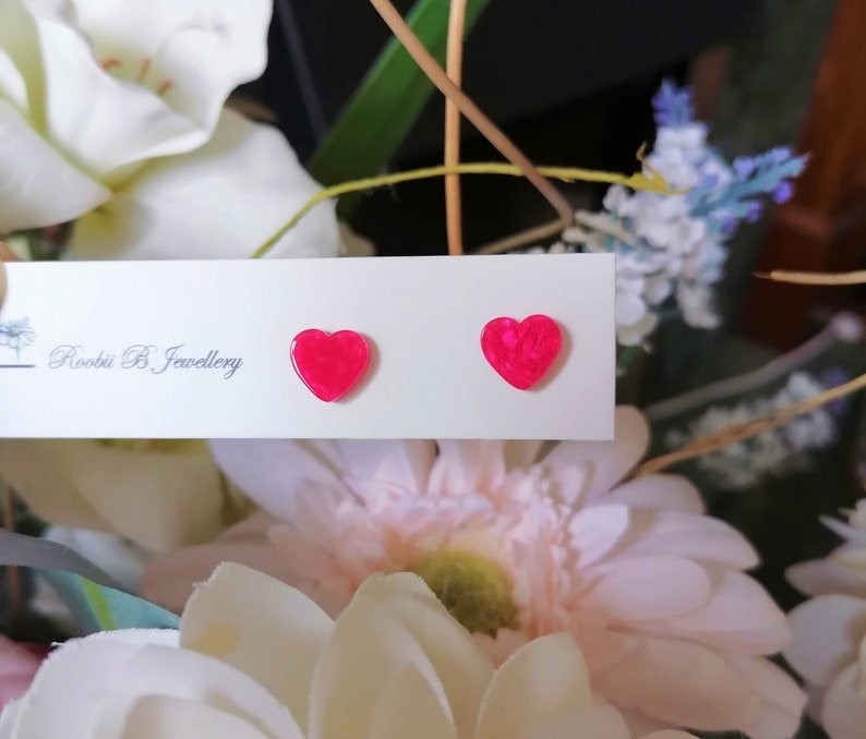 Hot Pink Heart Studs, Pink Heart Earrings, Delicate Earrings, Stud Earrings, Pink Earrings, Jewelry, Gift For Wife, Mum, Bridesmaid Gift image 4
