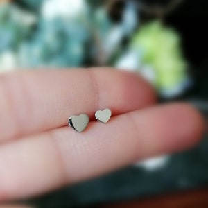 May include: A pair of silver heart-shaped stud earrings. The earrings are small and delicate, and they are perfect for everyday wear.