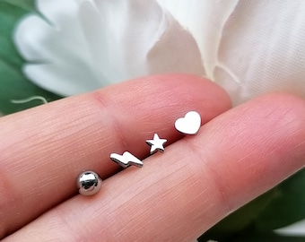 Silver Stud Earrings Set, Star, Ball,Lightning Bolt,Heart Earrings,Dainty Tiny Earrings,Valentine Earrings, Jewelry Gift For Mum,Wife,Friend