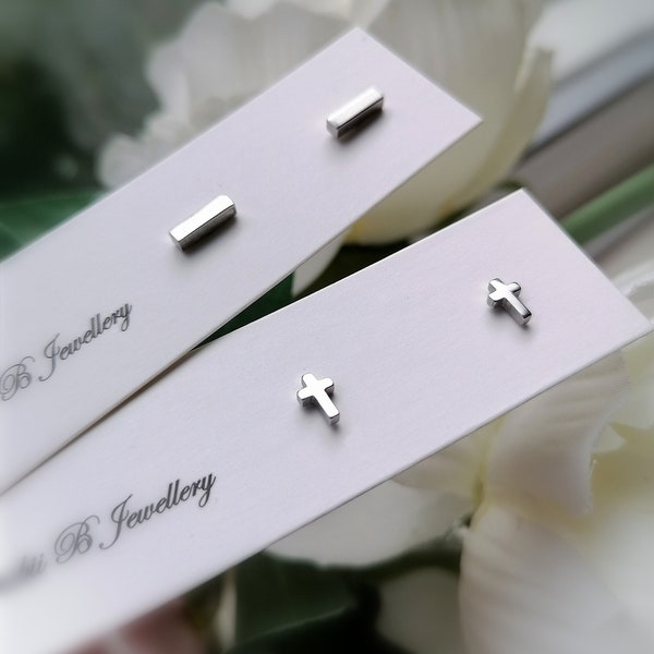 Tiny Silver Cross Earrings, Single or Pair Cross Stud Earrings, Bar Stud Earrings, Tiny Earrings, Silver Stud Earrings, Delicate Earrings