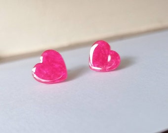 Hot Pink Heart Studs, Pink Heart Earrings, Delicate Earrings, Stud Earrings, Pink Earrings, Jewelry, Gift For Wife, Mum, Bridesmaid Gift