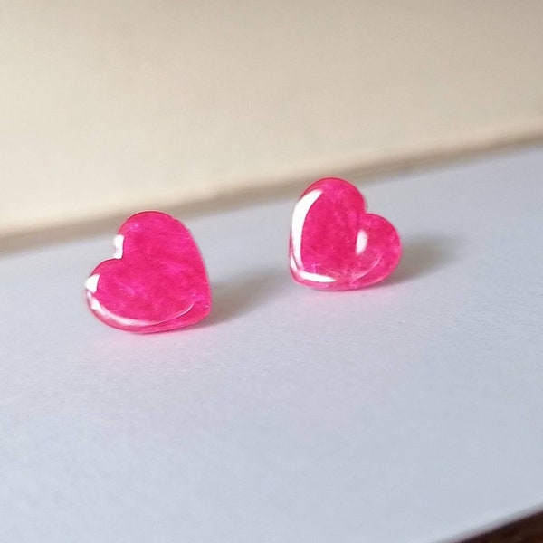 Hot Pink Heart Studs, Pink Heart Earrings, Delicate Earrings, Stud Earrings, Pink Earrings, Jewelry, Gift For Wife, Mum, Bridesmaid Gift