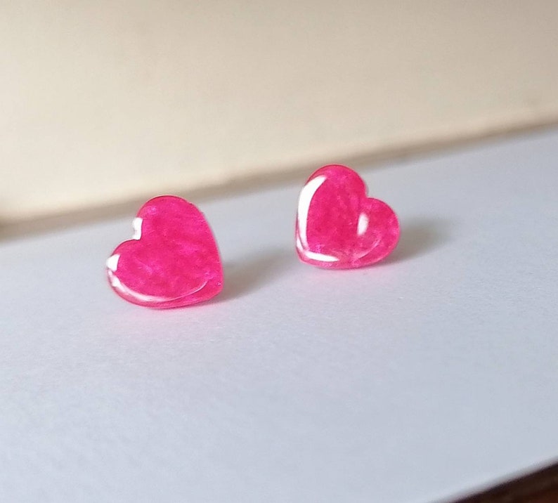 Hot Pink Heart Studs, Pink Heart Earrings, Delicate Earrings, Stud Earrings, Pink Earrings, Jewelry, Gift For Wife, Mum, Bridesmaid Gift image 1
