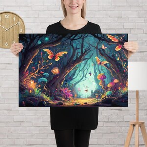 Impresión mágica del cartel del bosque de mariposas iluminado por la luna azul suave