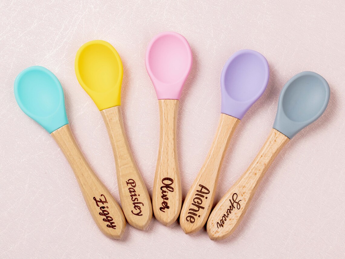 Baby Spoon and Fork Set Personalized Wooden Silicone Baby & Etsy