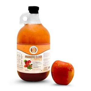 K&ouml;nnte beinhalten: Eine gro&szlig;e Glasflasche mit Henkel, gef&uuml;llt mit einer klaren orangefarbenen Fl&uuml;ssigkeit. Die Flasche tr&auml;gt ein Etikett mit der Aufschrift "Probiotic Elixir with Kombucha Tea". Neben der Flasche liegt ein roter Apfel.