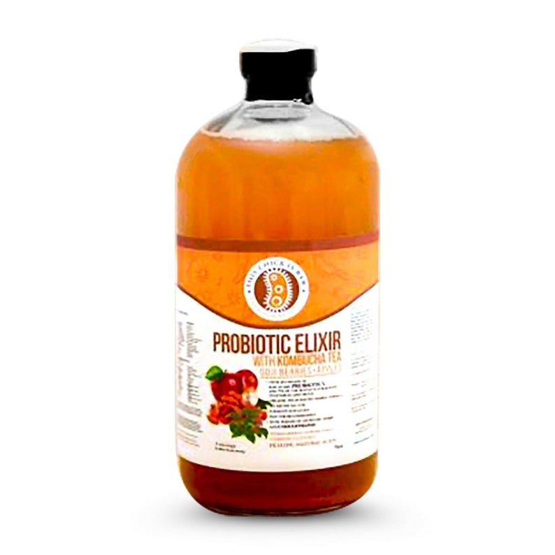 K&ouml;nnte beinhalten: Eine Glasflasche mit probiotischem Elixier mit Kombucha-Tee, Apfel, Zimt und Ingwer. Die Flasche hat ein wei&szlig;es Etikett mit dem Text "Probiotic Elixir with Kombucha Tea Apple Cinnamon Ginger" und ein Logo eines stilisierten Darms.