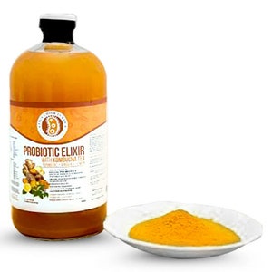 Puede incluir: Una botella de vidrio transparente con un l&iacute;quido amarillo en su interior. La botella tiene una tapa negra y una etiqueta que dice "Probiotic Elixir with Kombucha Tea". Hay un peque&ntilde;o taz&oacute;n blanco con polvo amarillo.