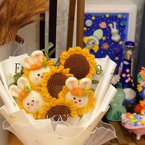 Rabbit Crochet Sunflowers, Handmade Flower Bouquet, Crochet Rabbit ...