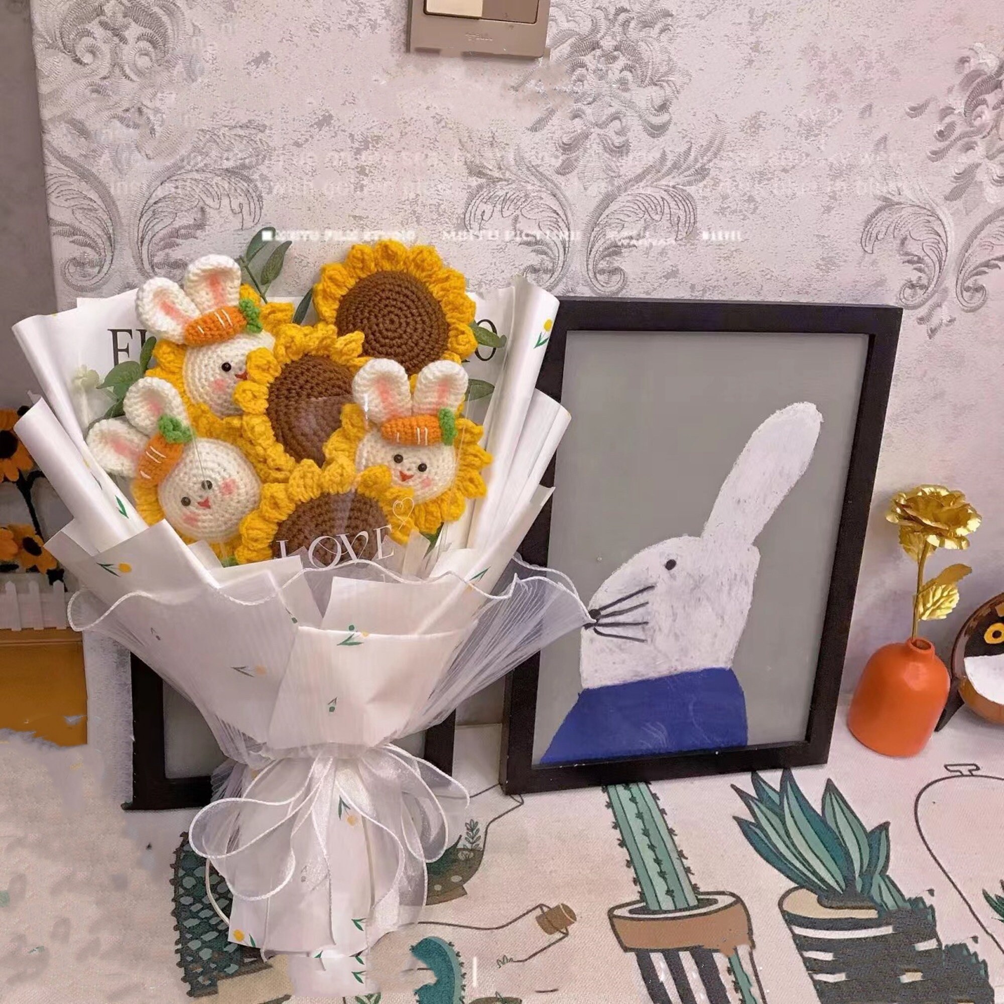 Rabbit Crochet Sunflowers Handmade Flower Bouquet Crochet - Etsy