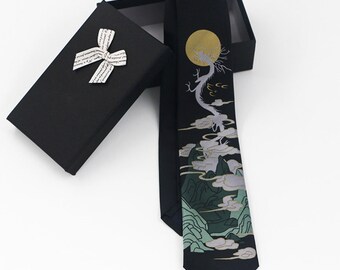 Necktie For Men, Embroidered Dragon Pattern Black Necktie, Gift Necktie For Him