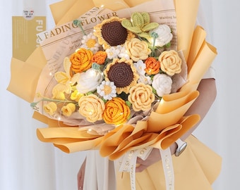 Mélanger et assortir bouquet de tournesol en laine au crochet, bouquet de fleurs au crochet, bouquet tricoté à la main, cadeau de Noël, cadeau personnalisé