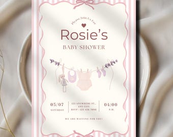 Pink Baby Shower Invitation Template Editable | Vintage Bow Baby Shower Invite 5x7 | Girl Baby Shower Printable | Instant Digital Download