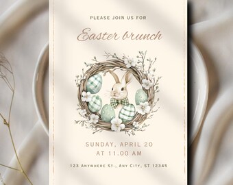 Easter Brunch Invitation Template | Bunny Easter Egg Hunt Invite | Canva Editable Spring Easter Brunch Party Printable Invitation | Instant