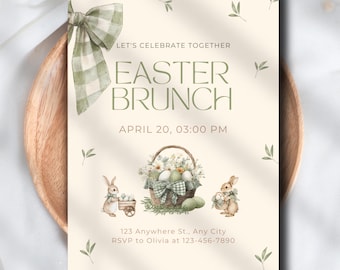 Easter Brunch Invitation Template | Spring Easter Family Brunch Party Invite | Canva Editable Bunny Easter Printable Invitation | Digital