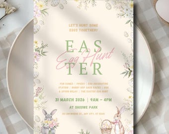 Easter Brunch & Egg Hunt Invitation, Wildflower Bunny Party Invite, Rabbit Balloon Kids Birthday Printable Download EDITABLE TEMPLATE