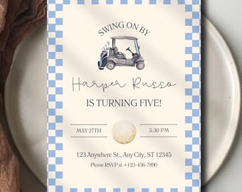Golf Birthday Invitation Template, Blue Golf Party Invite,Golf Cart Birthday Invitation, Kids Golf Theme Birthday, Editable Printable Card