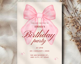 Pink Bow Birthday Invitation, Girl Pink Birthday Invite, Coquette Pink Bow Invitation, Pink Girl Ribbon Birthday Invitation, Digital Canva