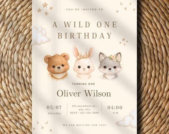 Woodland 1st Birthday Invitation, Wild One Birthday Invite, Neutral Bear Bunny Fox Party, Editable First Birthday Invite Template, Digital