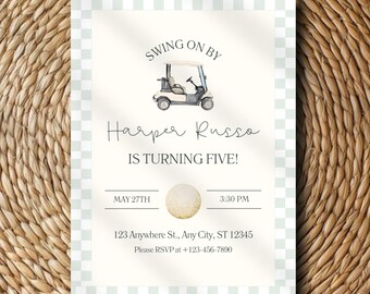 Pastel Golf Birthday Invitation, Golf Party Invite Template, Kids Golf Cart Birthday Party Invitation, Editable Printable Invitation