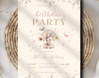 Bunny 1st Birthday Invitation, Floral Bunny Birthday Invite, Girl First Birthday Invitation, Editable Printable Pastel Party, Digital Invite