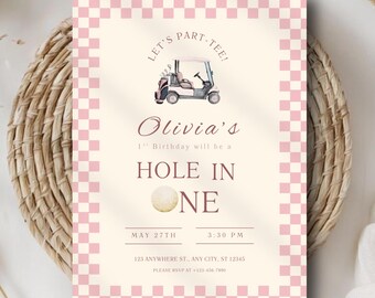 Hole in One 1st Birthday Invitation Template, Pink Golf Party Invite, First Birthday Girl, Golf Cart Theme, Let's Par-Tee 1s Birthday Invite