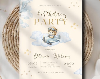 First Birthday Invitation Template | Airplane Bear Birthday Invite | Vintage Aviation Theme | Editable Canva Invitation | Blue Digital Card