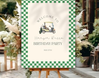 Golf Birthday Welcome Sign Template, Green Golf Party Decor, Golf Cart Party Sign, Kids Birthday Entrance Poster,Editable Printable Download