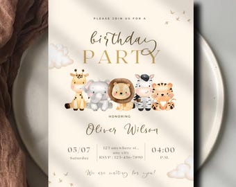 First Birthday Invitation Template | Jungle Safari Animals Birthday | Neutral 1st Birthday Invite | Editable Printable | Digital Download