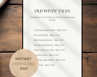 Old Wives Tales Baby Shower Game Printable | Gender Neutral Baby Prediction Game 5x7 | Instant Download Party Activity | PDF