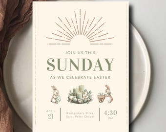Church Easter Invitation Template | Spring Easter Church Gathering Invite | Canva Editable Bunny Easter Printable Invitation | Digital