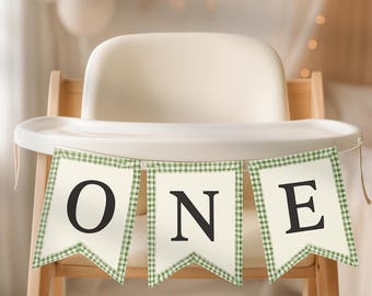 First Birthday High Chair Banner Boy, ONE Banner Green Gingham, 1st Birthday Decoration, First Birthday Party Decor, Highchair Garland