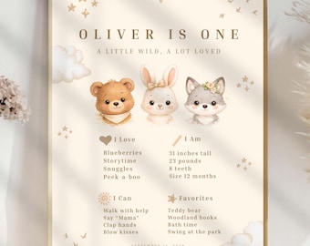 Woodland First Birthday Milestone Sign | Forest Animal 1st Birthday Poster | Editable Canva Template | Neutral Party Decor | Wild One Sign